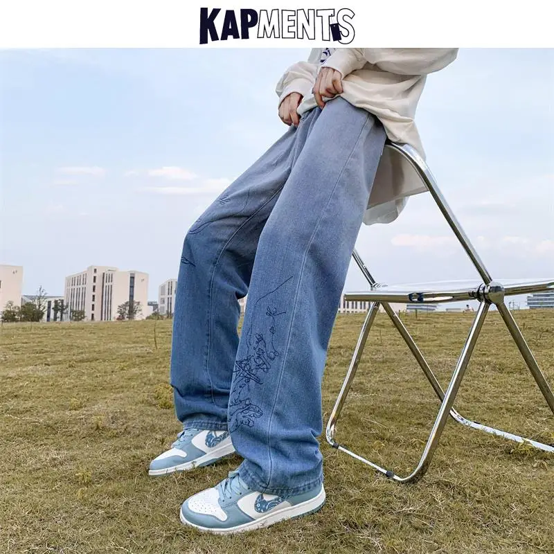 KAPMENTS Streetwear Wide Leg Jeans Pants 2023 Tie Dye Embroidery Casual Graphic Denim Pants Korean Harajuku Blue Jeans Trousers