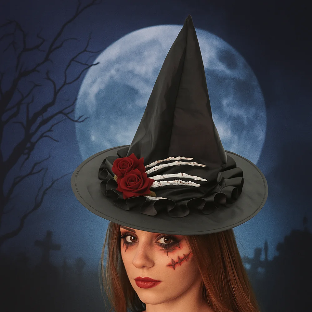 طوي الهيكل العظمي اليد الجمجمة معالج قبعة زهرة أكسفورد هالوين الساحرة القبعات الديكور قبعة الساحرة السوداء الملحقات