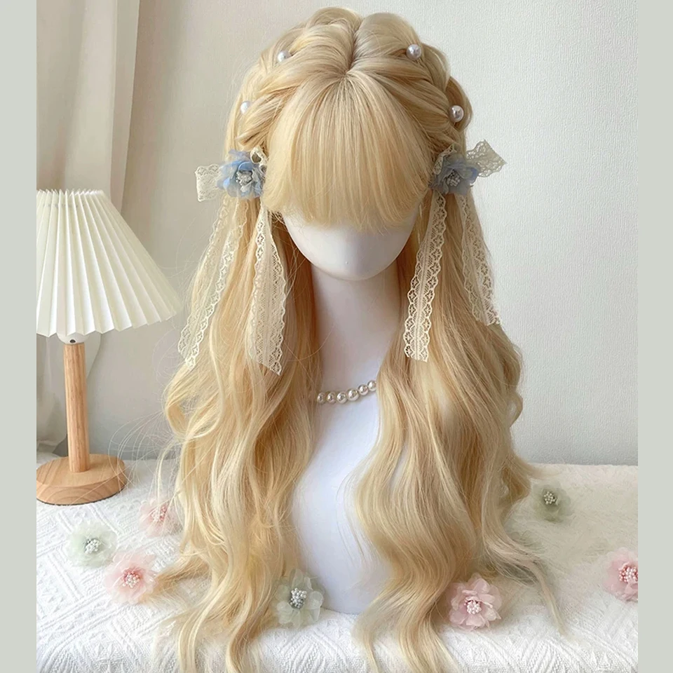

Synthetic Long Wavy Blonde Wigs with Bangs for Women Natural Wave Halloween Cosplay Lolita Wig High Temperature Fiber