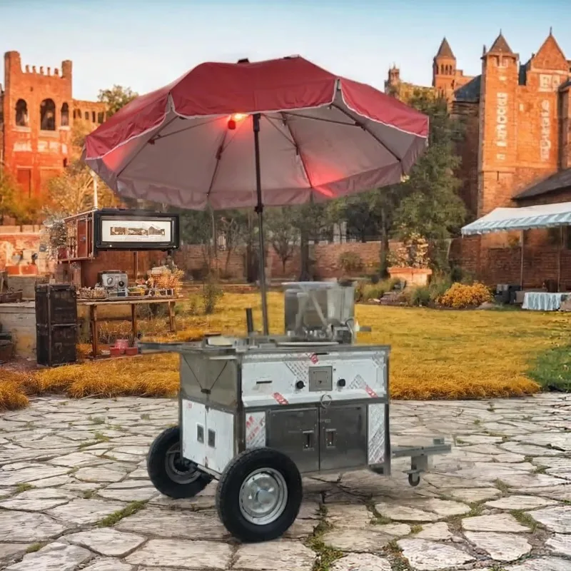 Multifunctional Towable Food Vending Cart Stainless Steel Hot Dog Stand for Outdoor Barbecue Deep Fry Snacks Customized