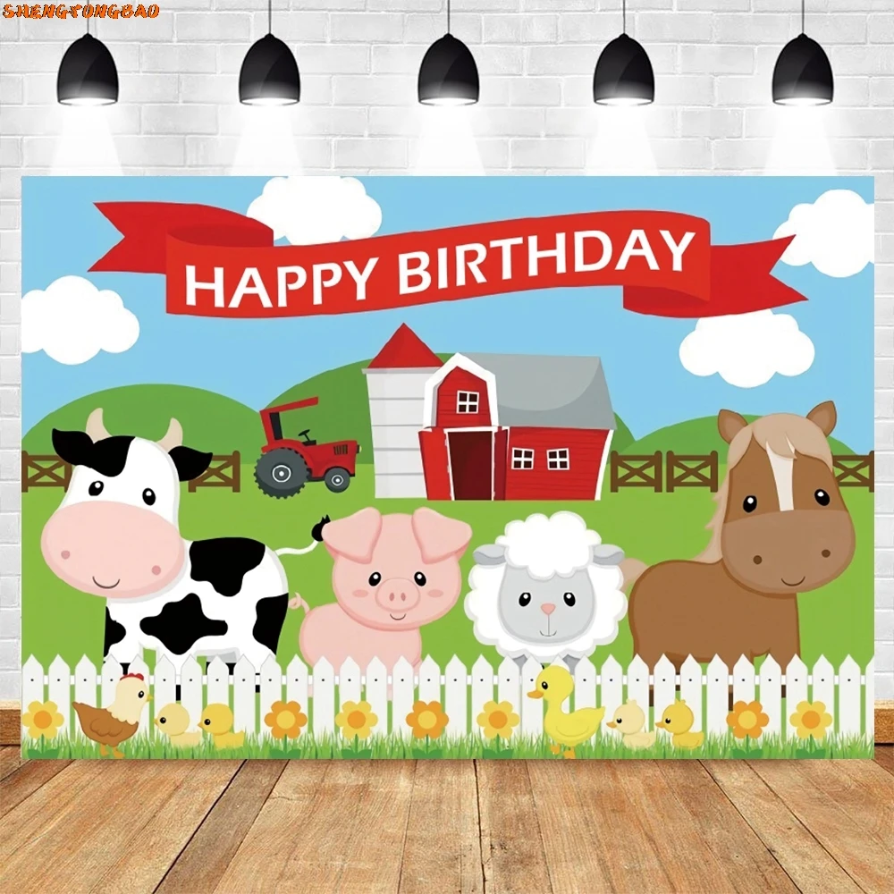 Toile de fond de photographie d'animaux de la ferme de dessin animé, fond de fleurs de maison en bois, décor de fête d'anniversaire de douche de bébé, fond de studio photo, nouveau-né