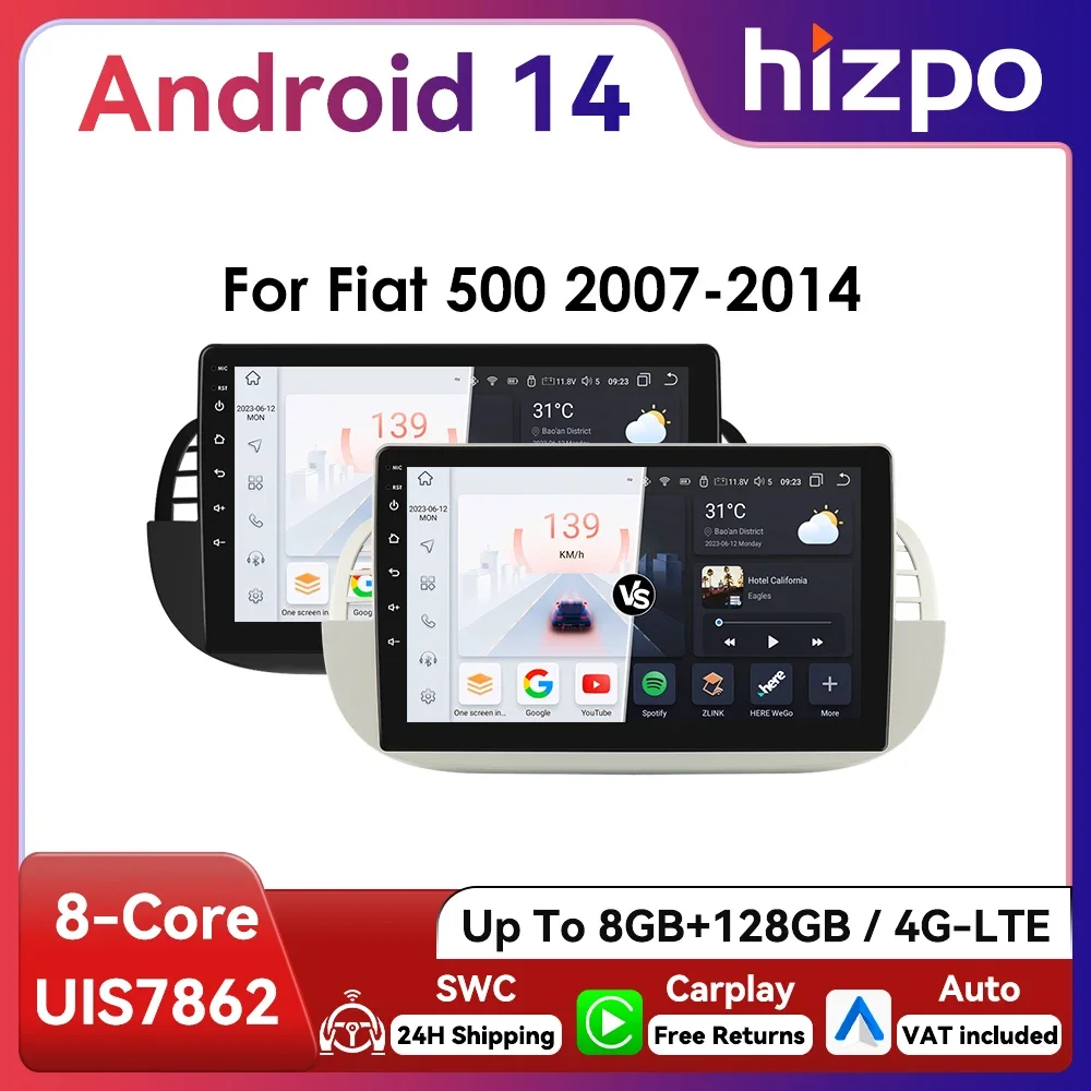 Hizpo 2Din 9 Zoll Android Autoradio für FIAT 500 2007–2014 Auto CarPlay 4G BT SWC RDS DSP GPS Navigation UIS7862 Steuergerät