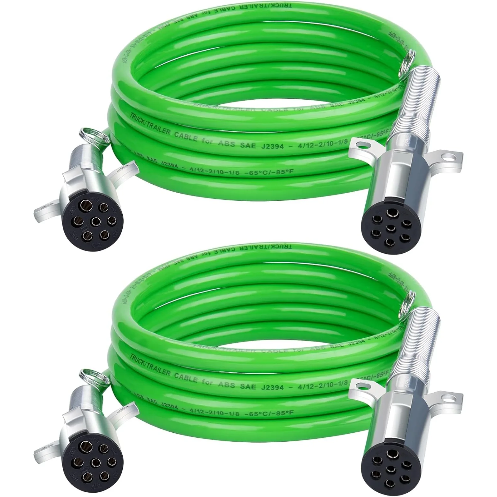 US  2 Pack 7 Way Trailer Cord 12 FT ABS Electrical Power Cord Heavy Duty Green Straight Power Wire Cable for Semi Trucks