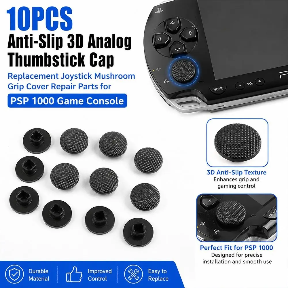 10PCS Plastic Joystick Caps Textured Surface Black Analog Stick Caps Mushroom Shape Replacement for PSP 1000 Game Console