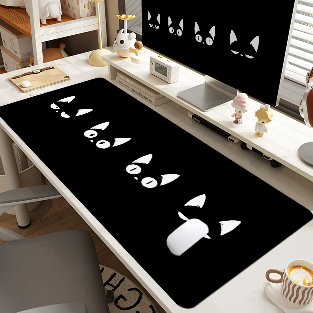 Alfombrilla de ratón de gato negro, accesorios de escritorio grandes, Base de goma con borde cosido, alfombrilla de ratón antideslizante para oficina