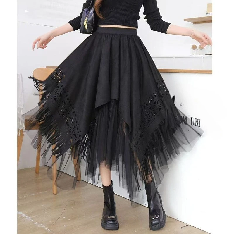 フリンジ付き秋冬フェイク鹿革フリーススカートハイウエストAライン不規則なメッシュスカートハイエンドファッショナブルな婦人服