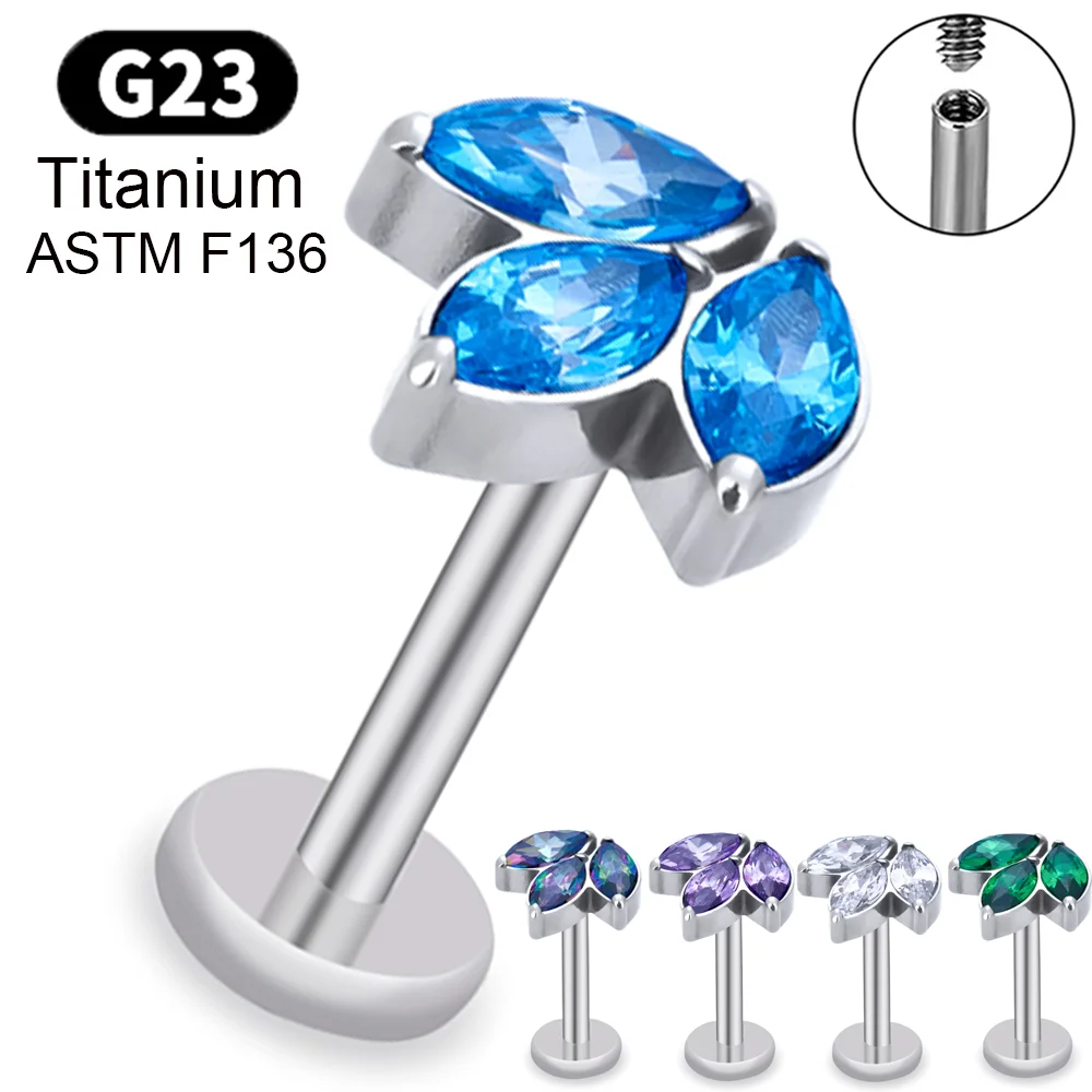 

G23 Titanium Threaded Labret Stud Earrings Tragus Pircing Lip studs EAR PIERC 3 Marquise Zircon Paved Top Fashion Body Jewelry