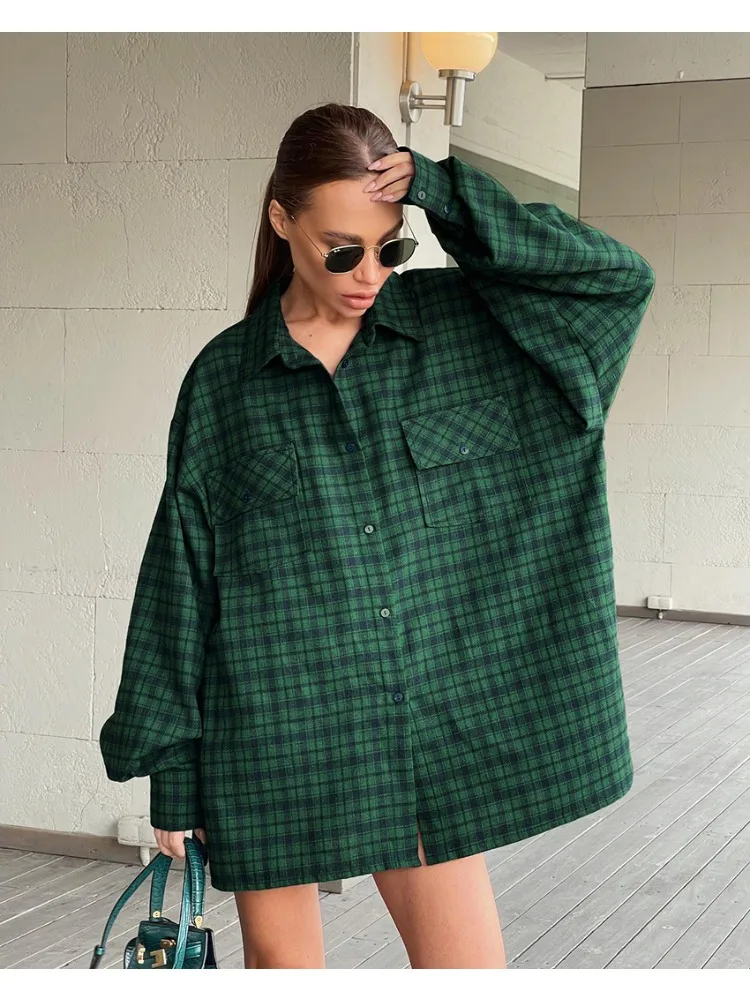 

Bonboho женская зеленая клетчатая рубашка 2025, стильная футболка большого размера с воротником с лацканами и длинными рукавами на пуговицах, осенняя повседневная женская блузка