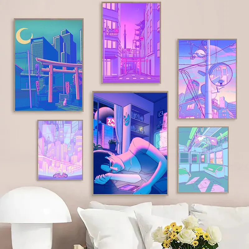 Póster de ciudad nocturna Pop Kyoto, Torre de Osaka, ciudad, calle, medianoche, Matsuri, pintura rosa, arte de pared, decoración de habitación Kawaii para el hogar, póster en lienzo