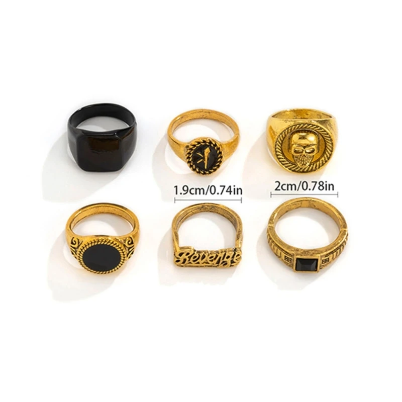 6Pcs Vintage Black Stone Rings for Men Gothic Skeleton Portrait Couple Emo Y2k Fashion Jewelry Ring Set for Women Men image 6