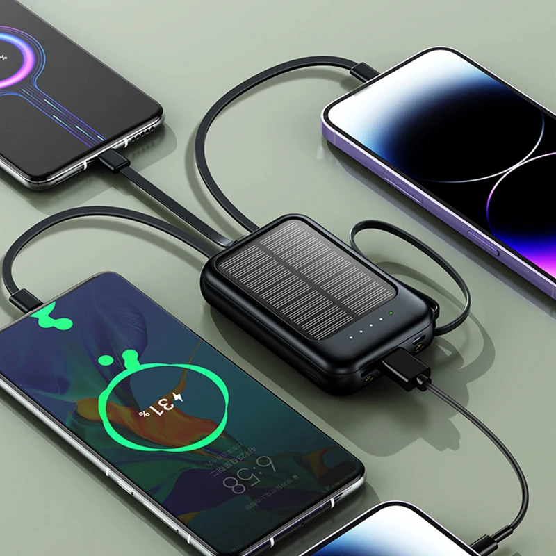 

Портативное зарядное устройство на солнечной батарее емкостью 20000 мАч, внешний аккумулятор для iPhone 17 16 Samsung S25, Huawei Xiaomi Powerbank с 4 кабелями