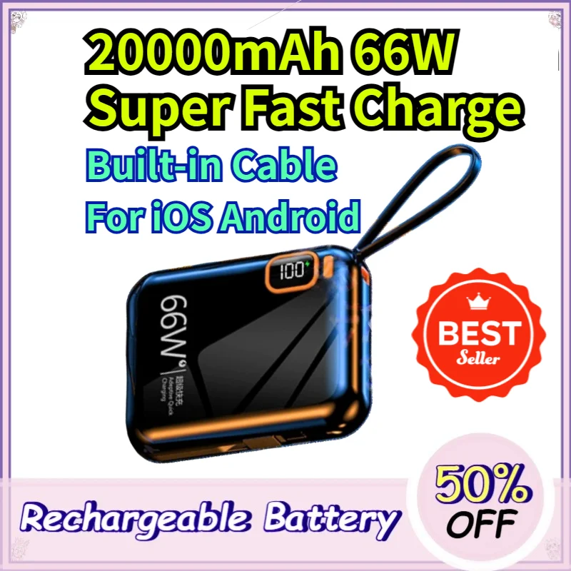 20000mAh Mini High-Capacity Power Bank 66W Super Fast Charging Built in Cable Compact Portable Battery