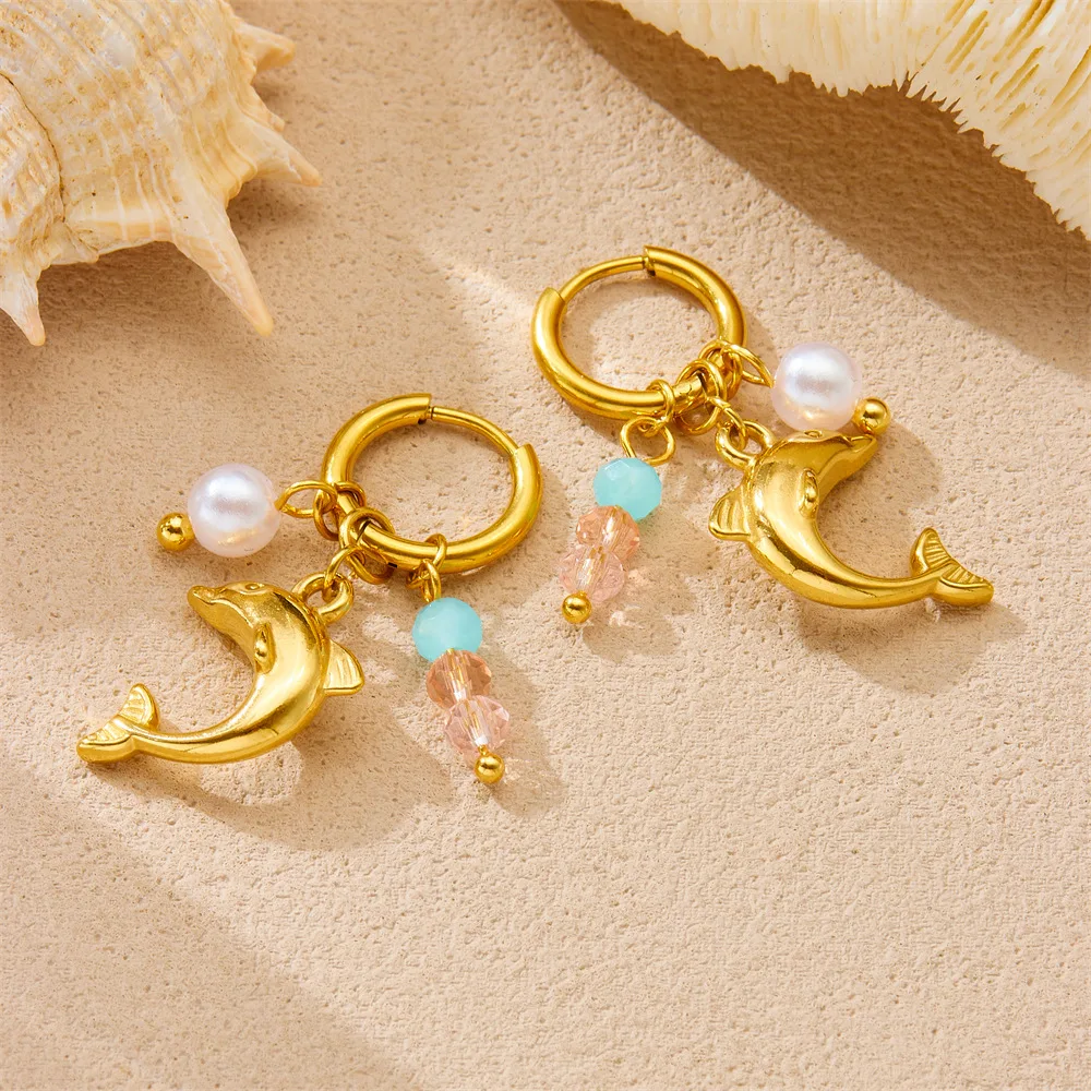 

Серьги-подвески в виде морской черепахи и дельфина, женские новые трендовые серьги с кисточками из бисера, нержавеющая сталь 316l, золотые серьги-гвоздики, ювелирные изделия в виде океана, подарок на вечеринку