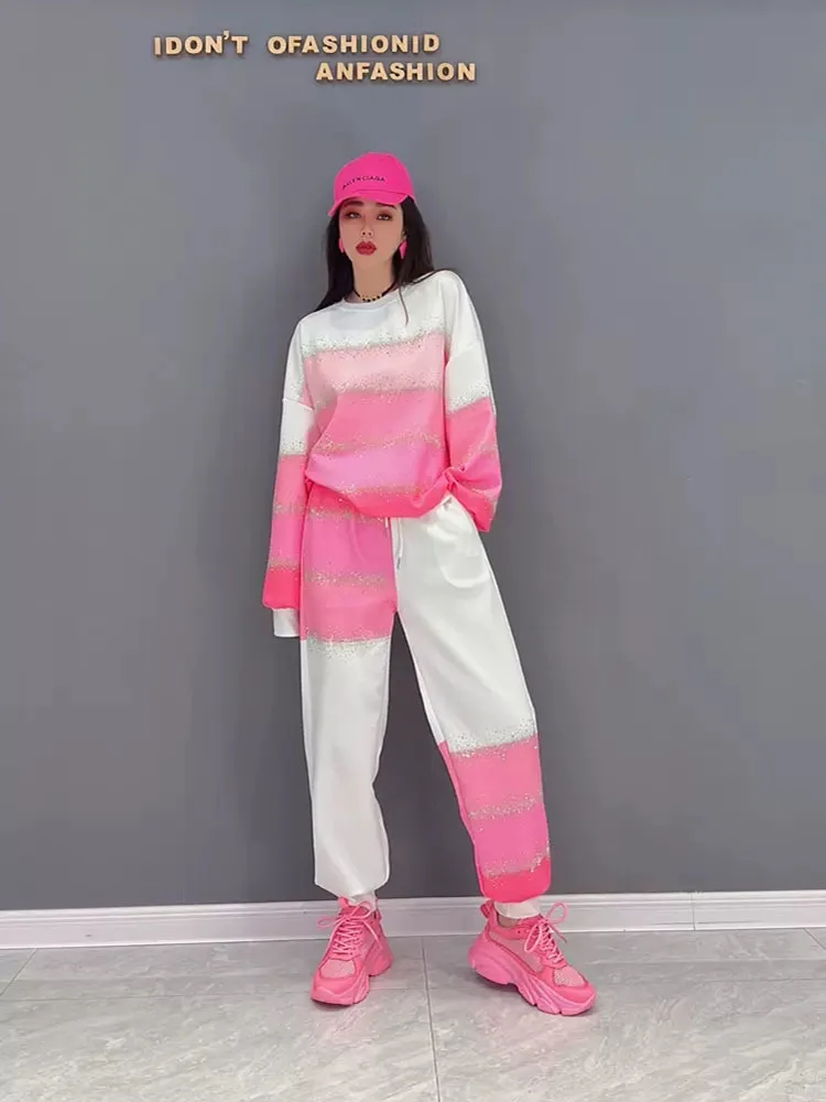 Spring Autumn Gradient Pink Diamond Tracksuit Women 2 Piece Sets Loose Sweatshirt and Elacis Waist Pant Women