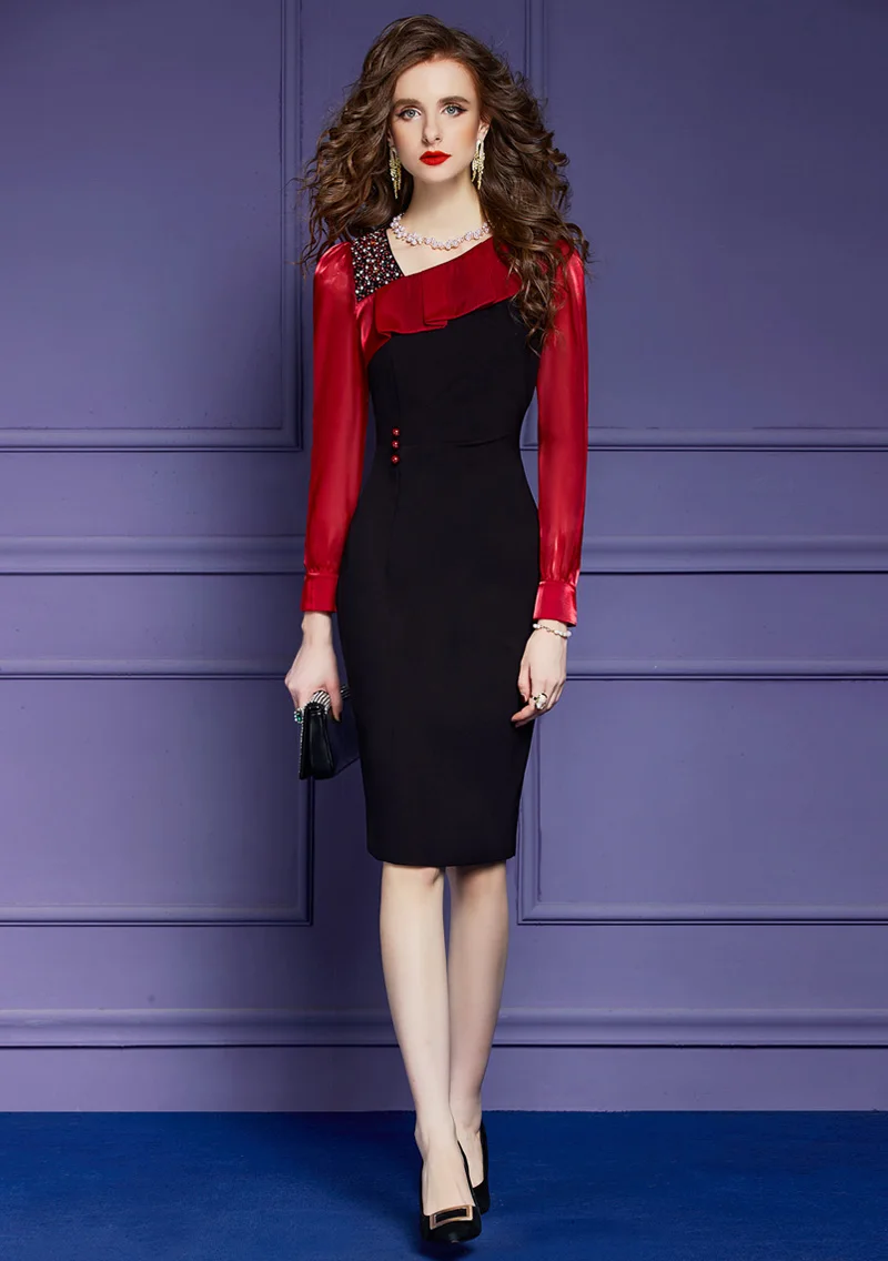 

Elegant Spring Long Sleeve Beaded Office Pencil Dress for Women Luxury Ruffle Patchwork Slim Straight Party Dress 4XL Size