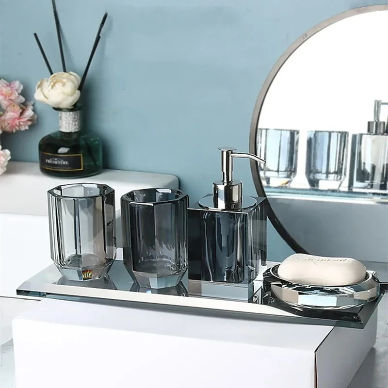 

Glass Bathroom Kit Couple Mouthwash Cup Tray Wash Set Press Soap Dispenser Light Luxury Home Bathroom Accessories Set