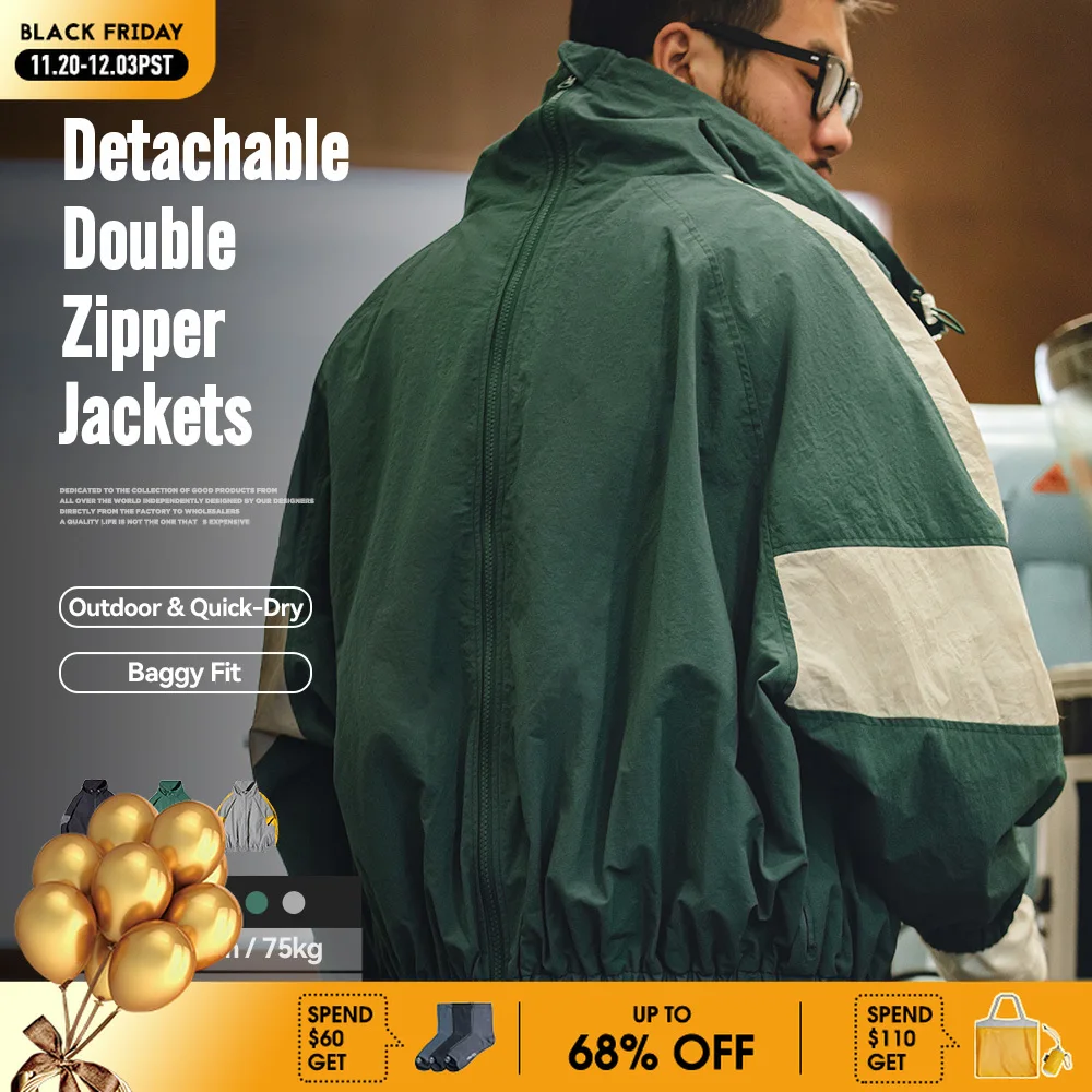 

Maden Casual Detachable Double Zipper Patchwork Jackets Stand-up Collar Loose Fit Letter Jacket For Men's Spring and Fall Coat