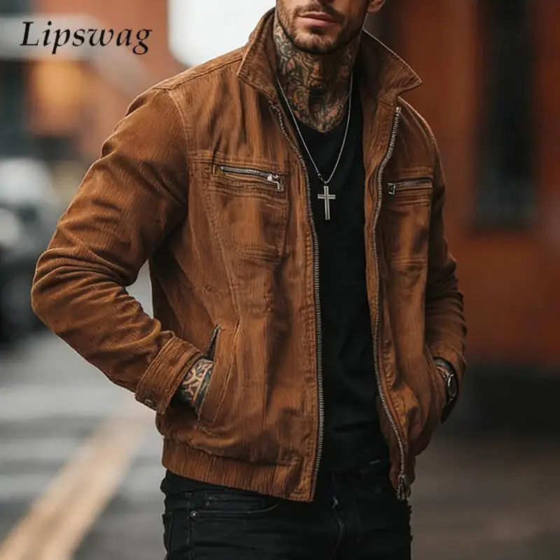 

Autumn Winter Fashionable Mens Jacket Streetwear Vintage Solid Color Corduroy Jackets Stylish Men Solid Color Ribbed Outerwear