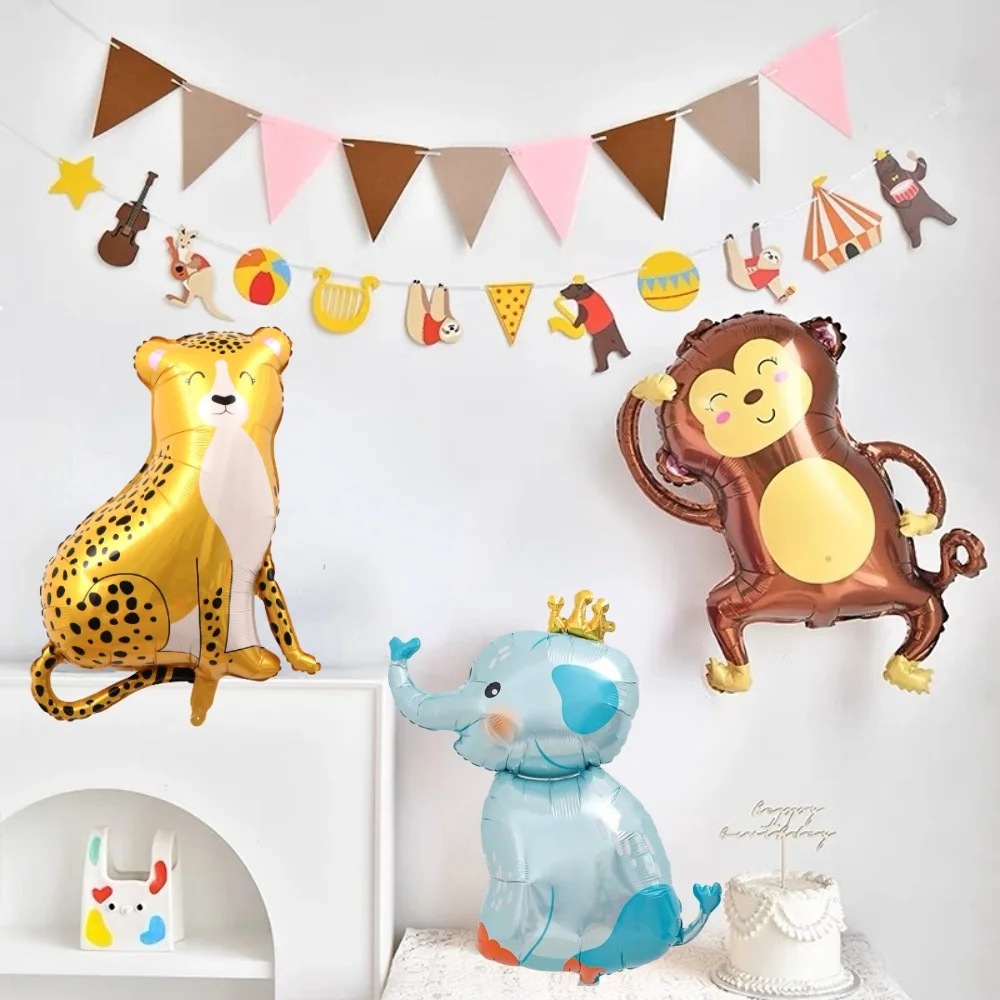 بالون حيوانات كرتونية على شكل فيل قرد ليوبارد أسد على شكل بالون من الألومنيوم لتزيين مشهد حفلة عيد الميلاد في الغابة