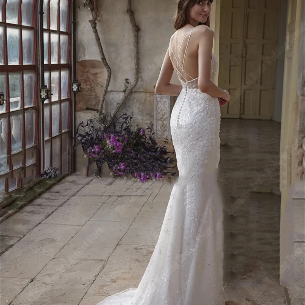 Vestidos de casamento branco boho em V profundo para mulheres, decalques populares, vestidos de noiva sereia, vestido de princesa superfície brilhante, 2024