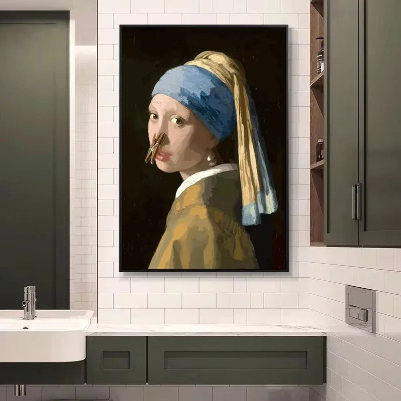 Funny Mona Lisa Wearing Pearls Girl Bathroom Toilet Decoration  Roll Paper Canvas Prints Posters Home Wall Decor Picture