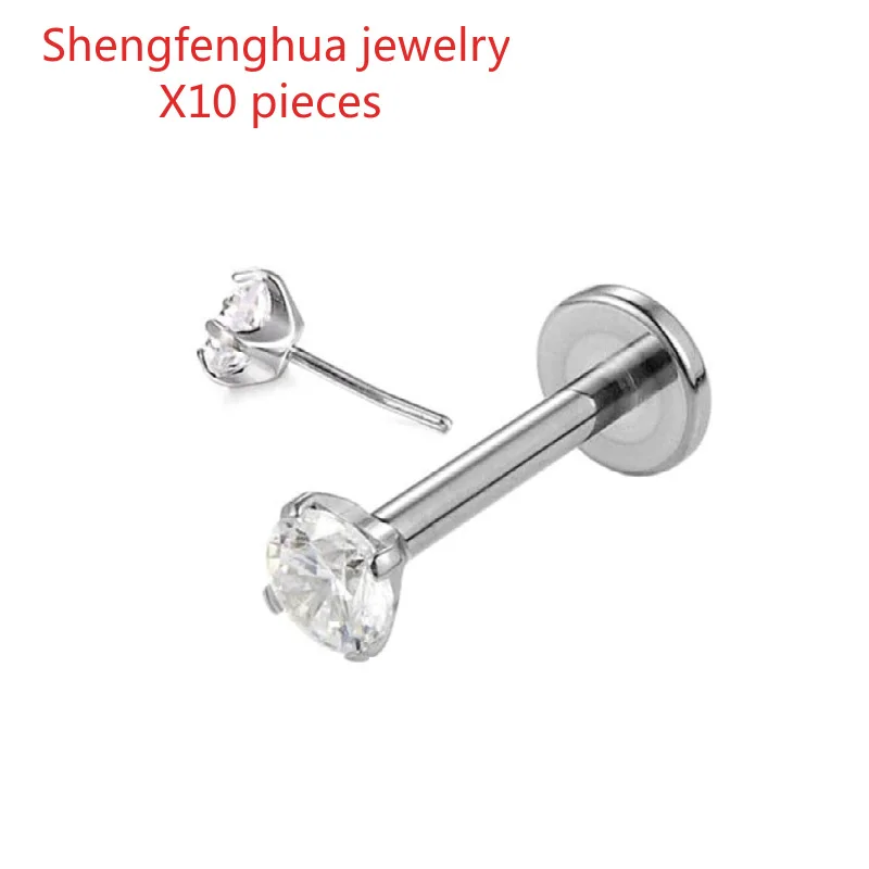 

Free shipping 10pcs Premium Titanium Steel Plug-in Pack AAA Zircon Lip Nails Zircon Nails Personal Piercing J