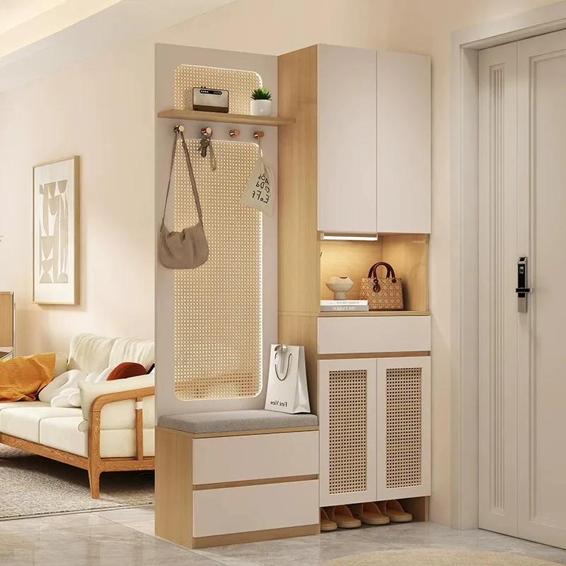 Rattan White Shoe Cabinet Creamy Style Slim Holder Cupboards Shoe Cabinet Display Bench Zapatero Vertical Entryway Furniture