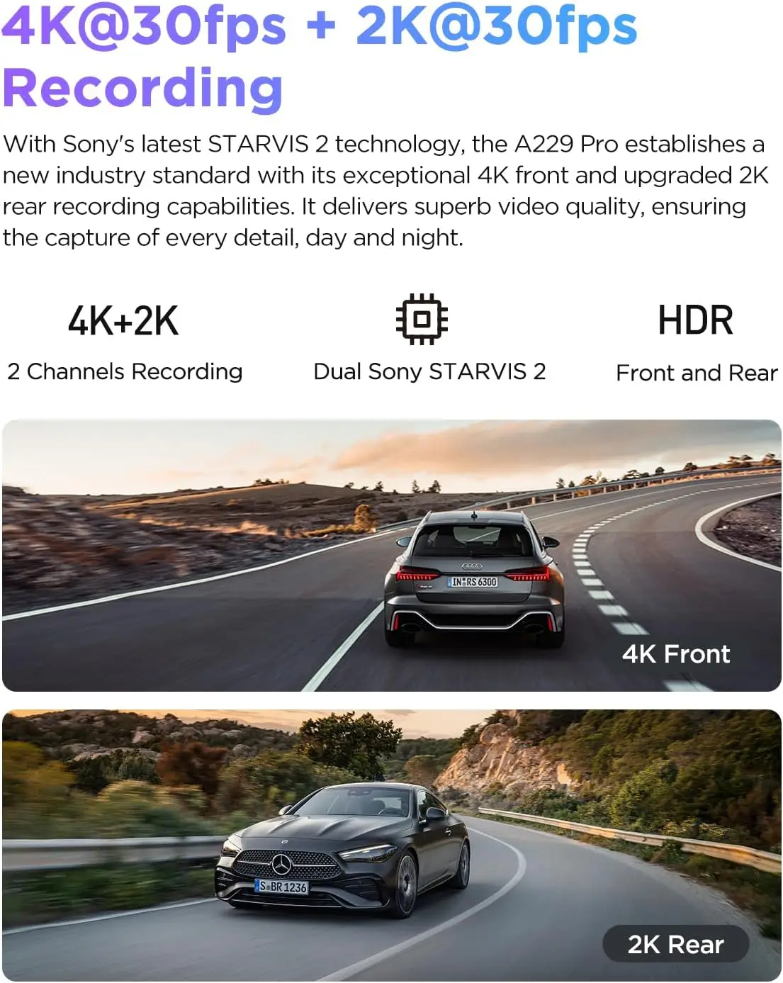 A229 Pro 4K HDR Dash Cam, Dual STARVIS 2 IMX678 IMX675, 4K+2K Front and Rear Car Camera, 2 Channel with HDR, Voice Control