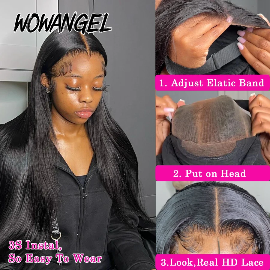 Wow Angel Wear & Go HD-Peluca de cabello humano liso, postizo de encaje transparente, 250% de seda, sin pegamento, 5x5