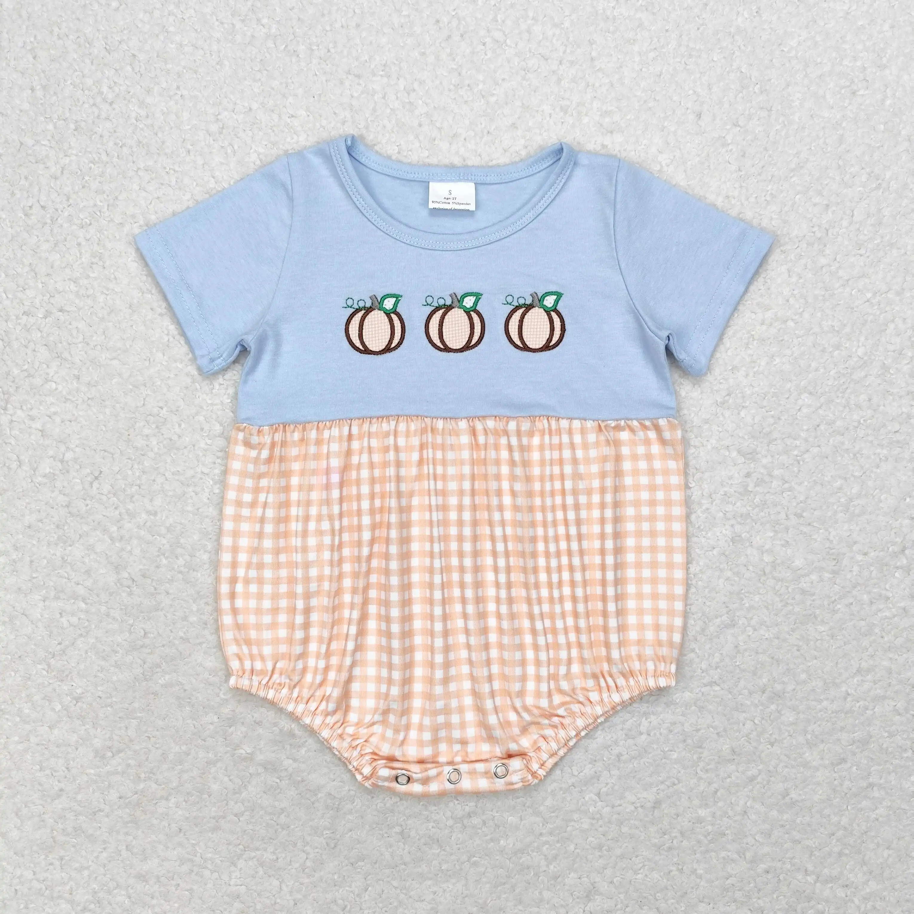 Wholesale hot sale western boutique newborn toddler Baby Infant Embroidered pumpkin orange plaid blue short-sleeved onesies