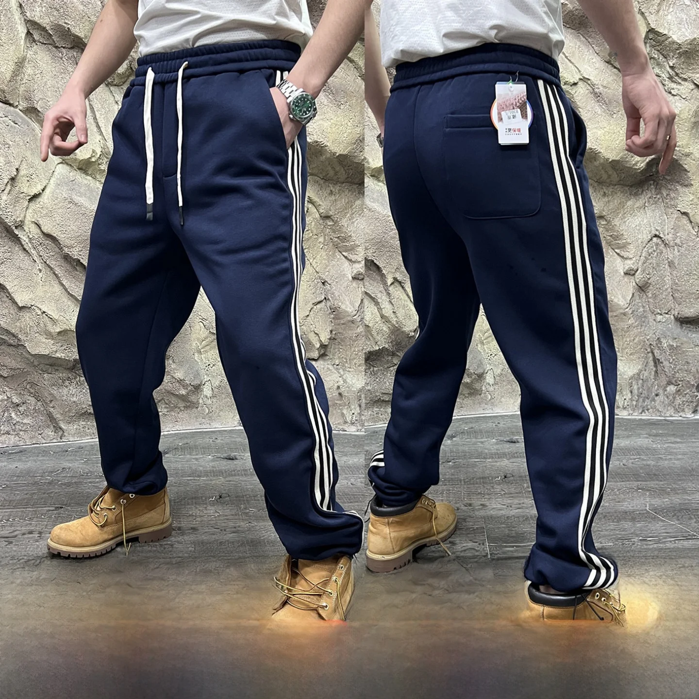 

Thiened Fce Lined Knitted Spor Casual Pants for Men Straight Leg Fit Autumn Winter Faionable Trousers Youth Cotton P...