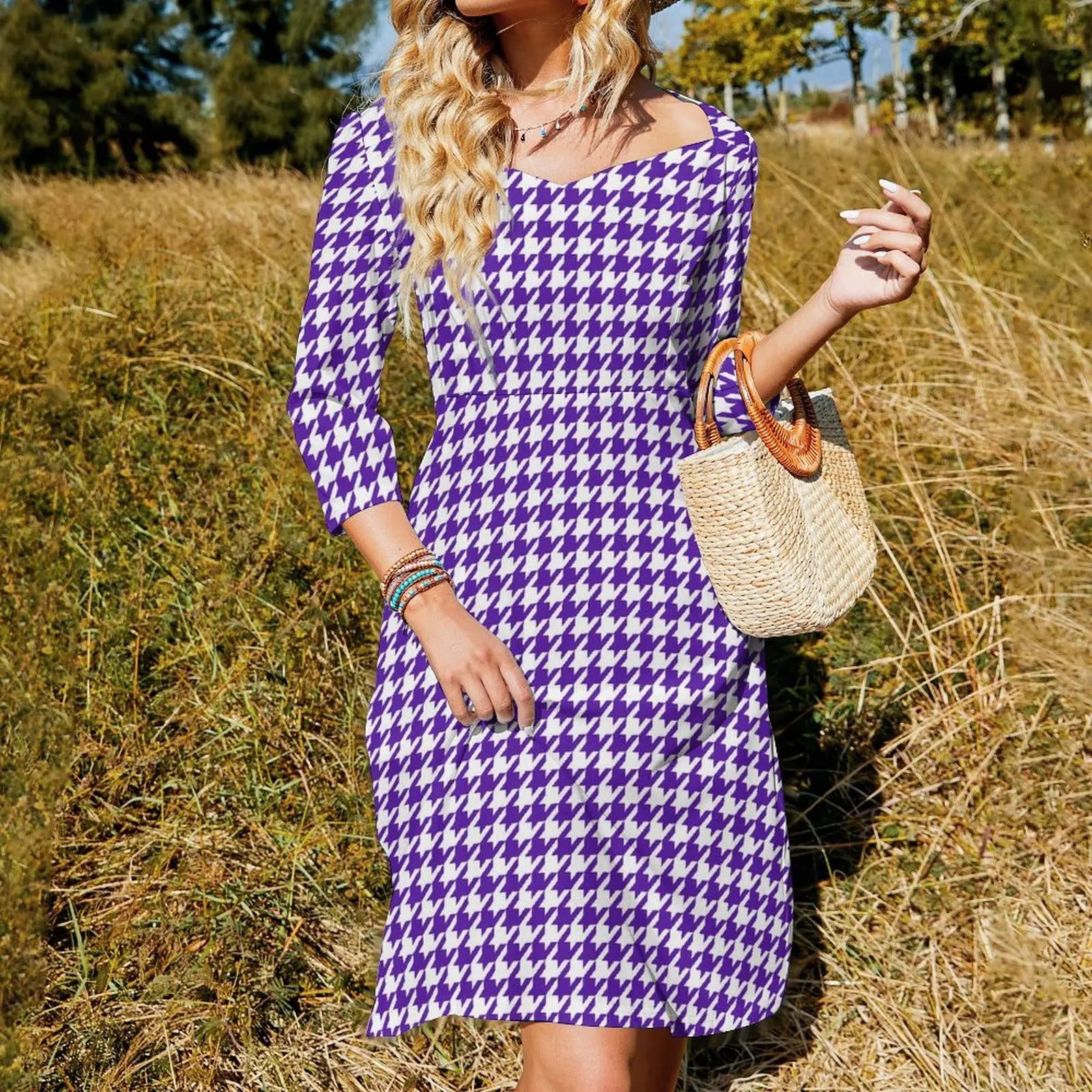 Houndstooth Casual Dress Female White And Purple Aesthetic Dresses Trendy Dress With Bow Summer Oversized Clothes