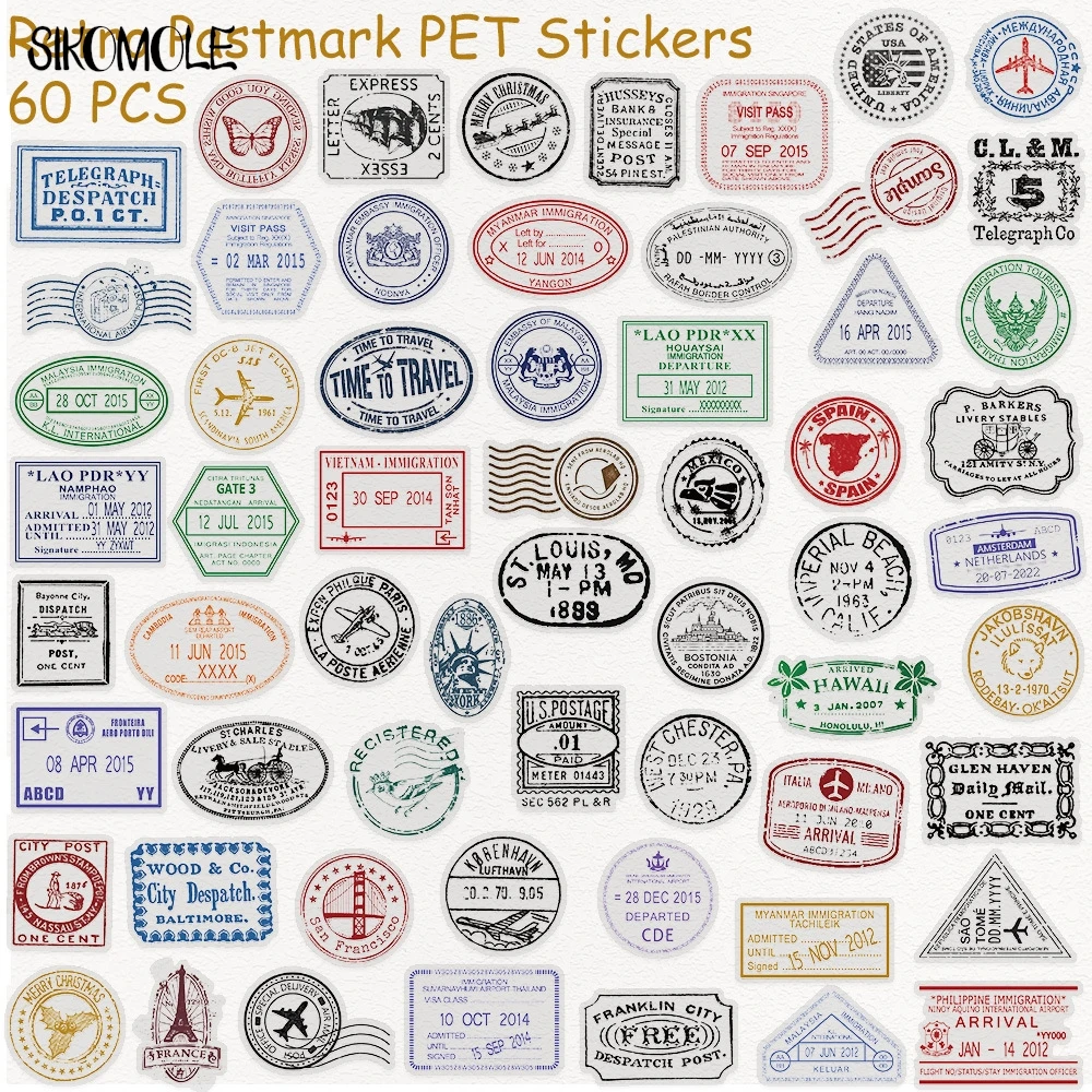 60PCS Retro Stamp Postmark Graffiti Stickers PET Transparent Decals Toy Stationery Guitar Phone Bicycle Laptop Luggage Sticker