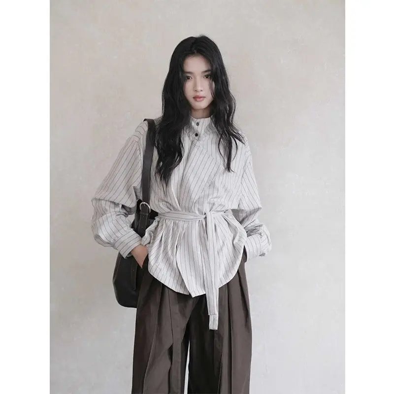 

MEXZT Elegant Striped Shirts Women Vintage Lace Up Long Sleeve Blouses Spring Summer Office Ladies Korean Loose Design Tops New