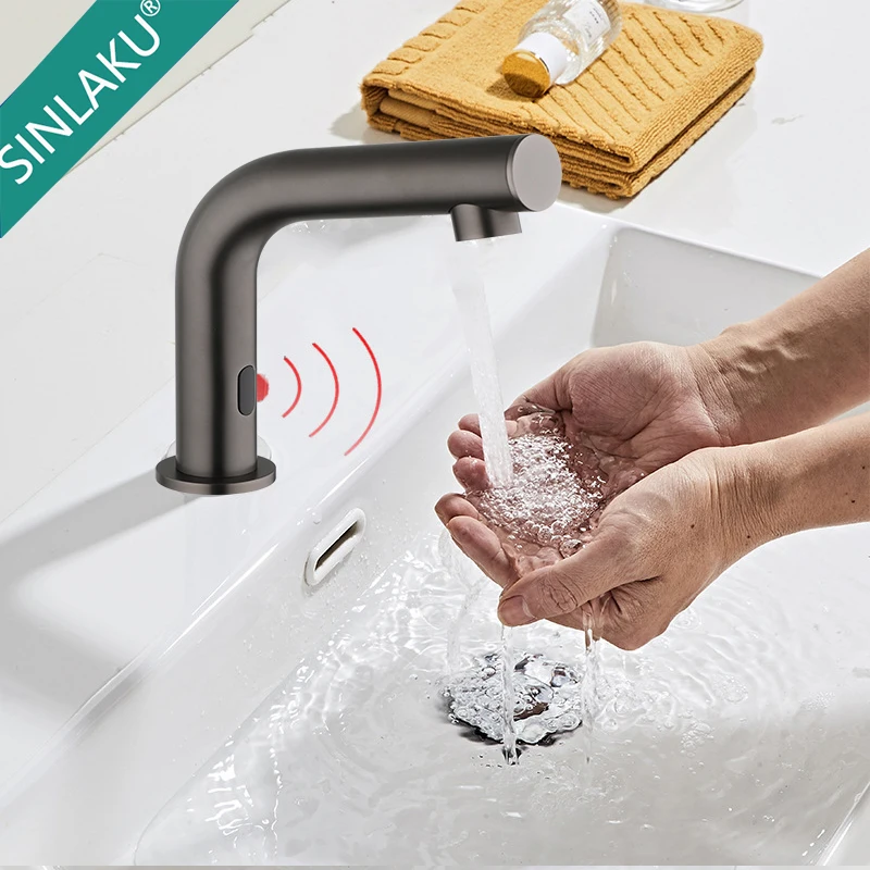 SINLAKU Grey Bathroom Basin Faucet Bath Automatic Sensor FaucetsTouchless Free Deck Mounted Sink Tap Hot Cold Water Mixer Crane
