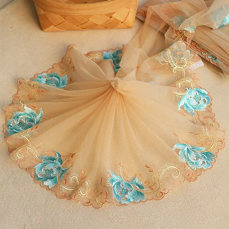 

10Meters Beautiful Mesh Embroidered Lace Trimming 22cm Fabric Trim Blue Flowers for Doll Bra Accessories