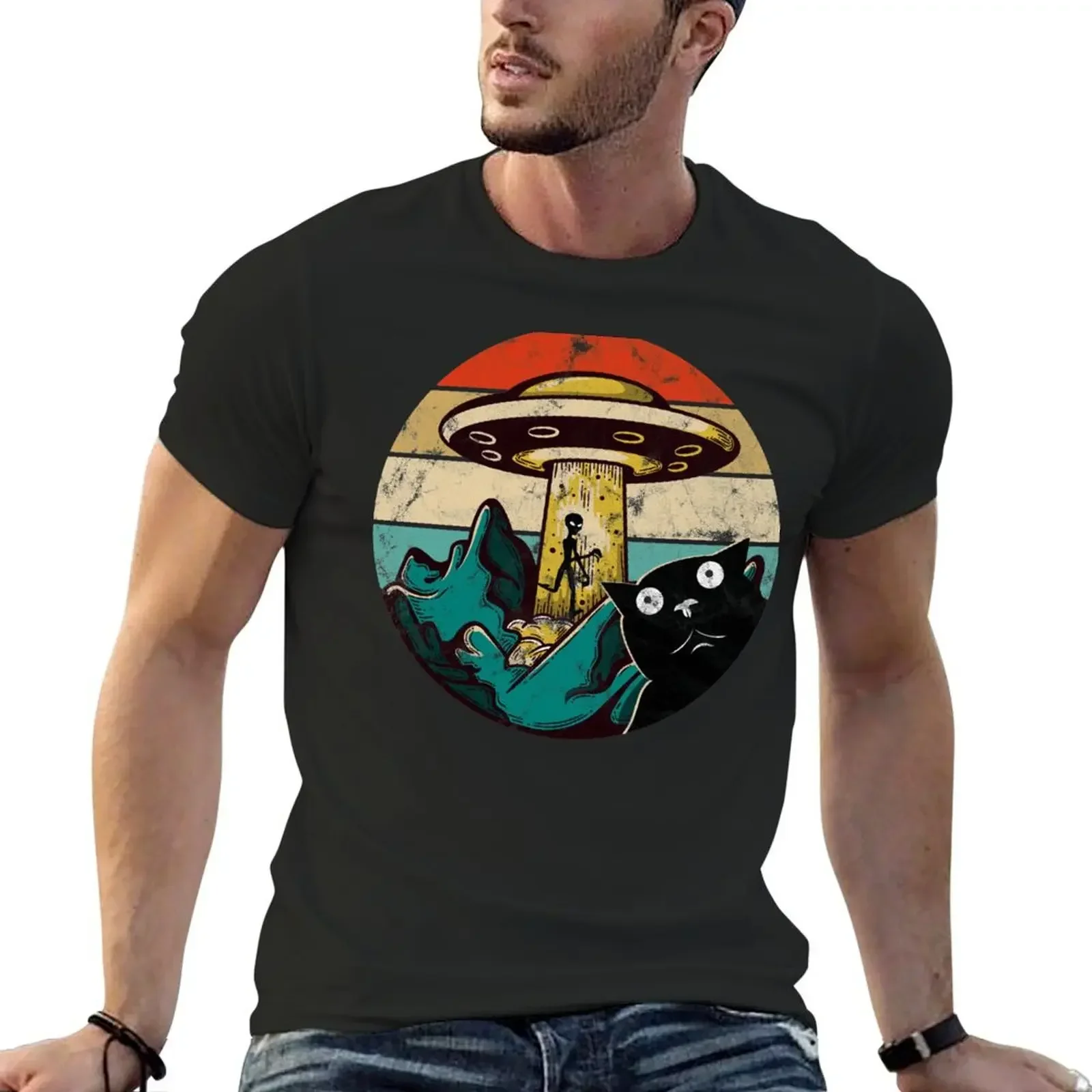 

Funny Cat UFO Alien T-Shirt anime hippie clothes animal prinfor boys men clothes