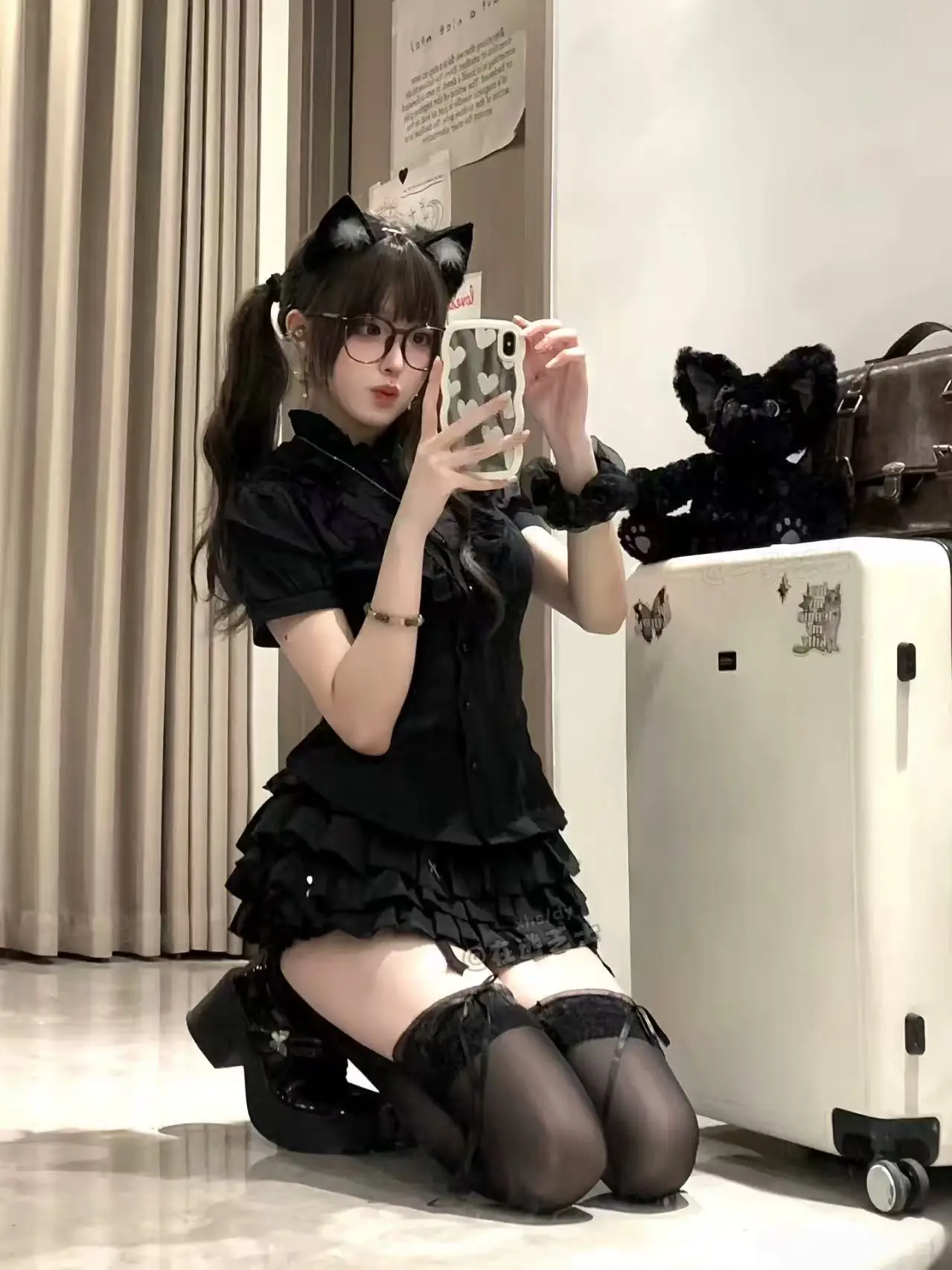 Conjunto de Csa de Manga Curta Estilo Gótico loween para Meninas Picantes com Saia Puff em Aodão Respirável