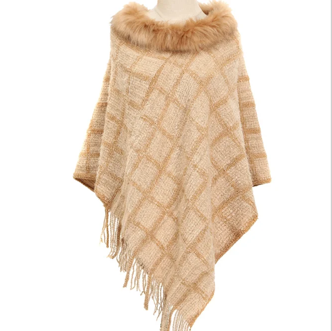 Chenille Wool Collar Cloak Hot Selling Plaid Knitted Shawl Autumn Winter Warm Large Pullover Female Girl Sweater Coat Black