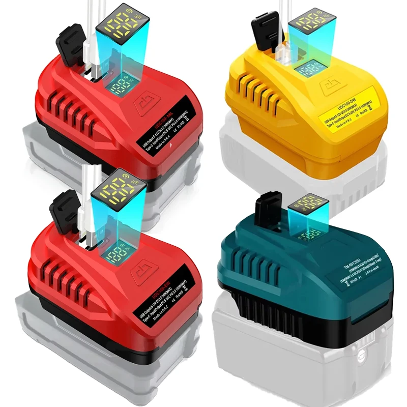 Battery Charger Adapter For Makita/Dewlt/Milwaukee/Einhell 18V Batteries With Type-C&USB Port Indicator Lights Fast Charging