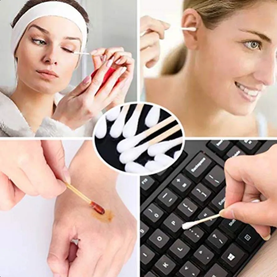 綿棒1000本入り、木製スティック4本付き、医療用創傷ケア、皮膚洗浄に広く使用、学校、オフィス、家庭用、4個入り1000本