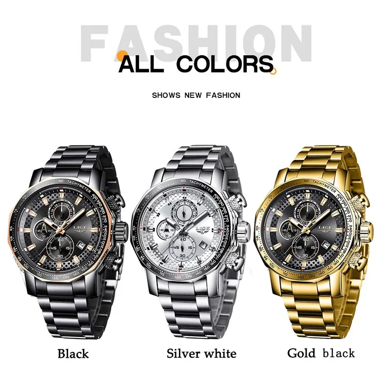 LIGE New Sport Chronograph Mens Watches Top Brand Luxury Full Steel Quartz Clock Waterproof Big Dial Watch Men Montre Homme