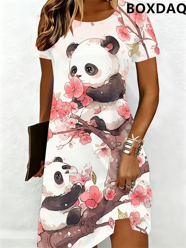 Animal Panda Pattern Printed Women's Dresses Casual Loose Round Neck Short Sleeved Summer A-Line Mini Dress New Style