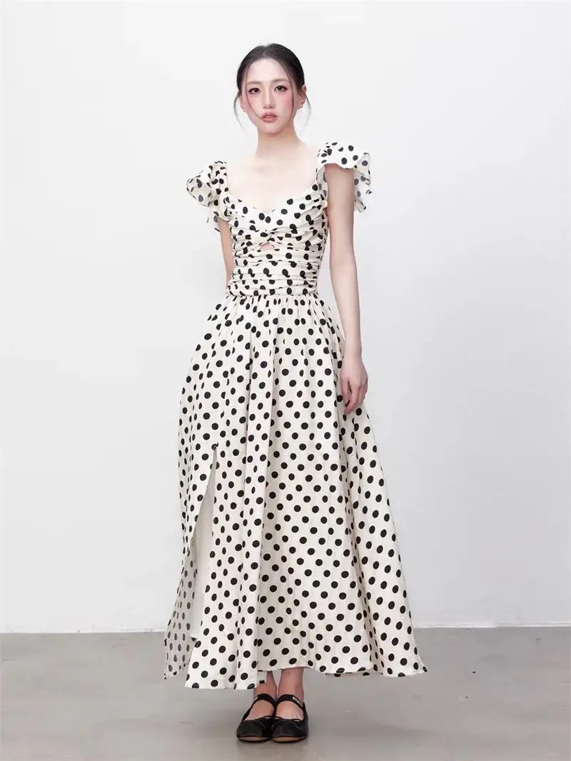 

French Elegance Polka Dot Dress New Summer Style Pleated Long Skirt with Waist Slimming and Graceful