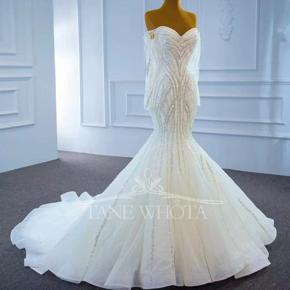 Gaun Pengantin Putri Duyung Cocok Mewah Putih dengan Manik-manik Berpayet Punggung Berenda Lengan Panjang Sayang Gaya 2025 Dapat Disesuaikan