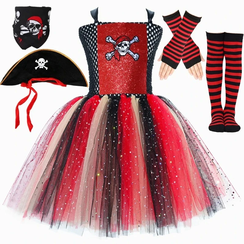 Girls Pirate Costume Kids Halloween Carnival Party Tutu Dress Glitter Red Black Girl Buccaneer Pirates Princess Dress Up Clothes