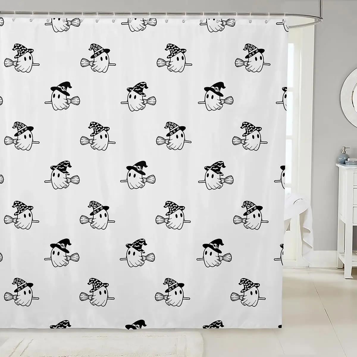 

Cute Ghost Witch Shower Curtain Halloween Theme Black White Design Cartoon Decor Kids Bathroom Linen180x230