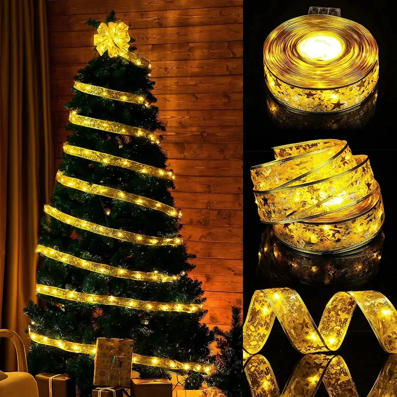 Dekoracje świąteczne wstęga LED lampki ozdoby choinkowe do domu materiały świąteczne DIY kokardki lekki sznurek Navidad nowy rok