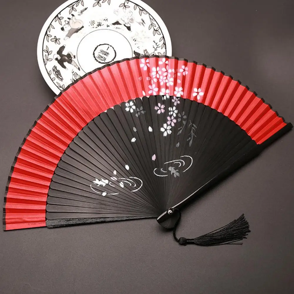 Oriental Folding Fan Bamboo Folding Fan with Tassels Chinese Style Handheld Summer Fan Portable Dance Performance Prop Party