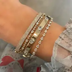 Geometric 5A Oval Cubic Zirconia Bezel Set Sparking Bling Fashion Women Jewelry Gold Plated Classic Simple Bangle